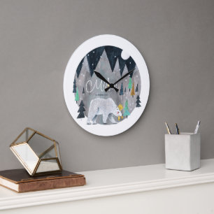 Bär Winter Berge Mond Große Wanduhr
