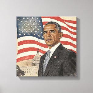 Barack Obama vor der amerikanischen Flagge und dem Leinwanddruck