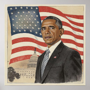 Barack Obama vor der amerikanischen Flagge und dem Poster