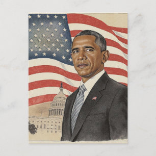 Barack Obama vor der amerikanischen Flagge und dem Postkarte