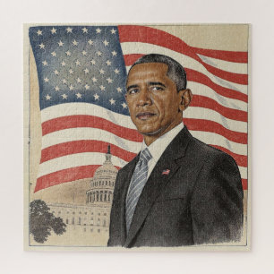 Barack Obama vor der amerikanischen Flagge und dem Puzzle