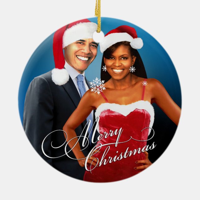 Barack und Michelle Santa Christmas Keramik Ornament (Hinten)