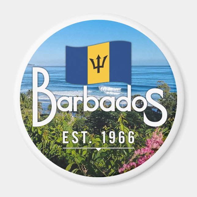 "Barbados Est. 1966" Ost-Küstenansicht mit Flagge Magnet (Vorne)