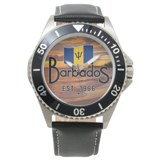 "Barbados Est. 1966" Sunset With Barbados Flag Armbanduhr (Vorderseite)