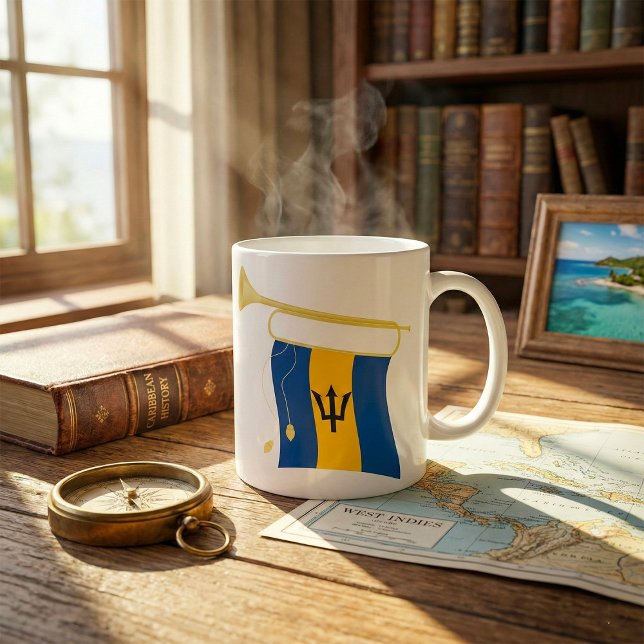 Barbados-Flagge mit Bugle Patriotic Caribbean Kaffeetasse (Von Creator hochgeladen)