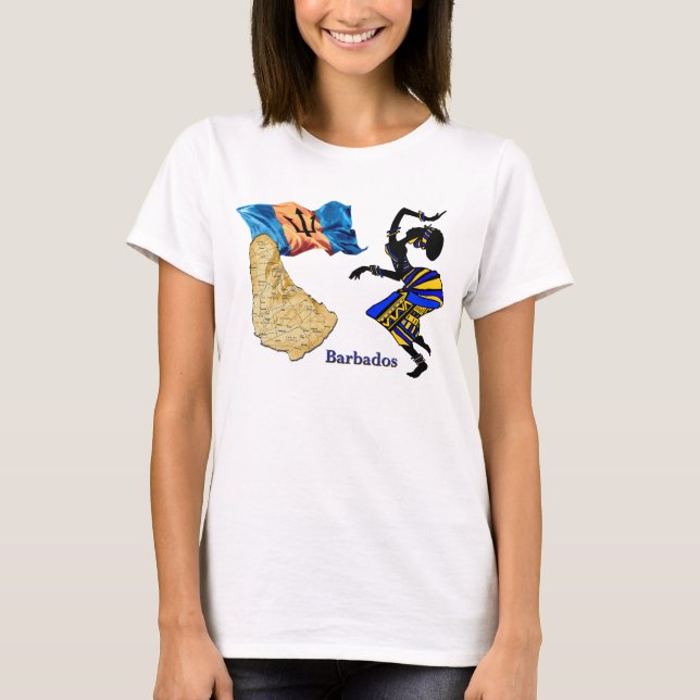 BARBADOS-FRAUEN-T - SHIRT MIT KARTE UND FLAGGE (Vorderseite)