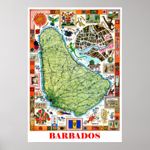 Barbados, Inselkarte, Sehenswürdigkeiten, Vintag Poster