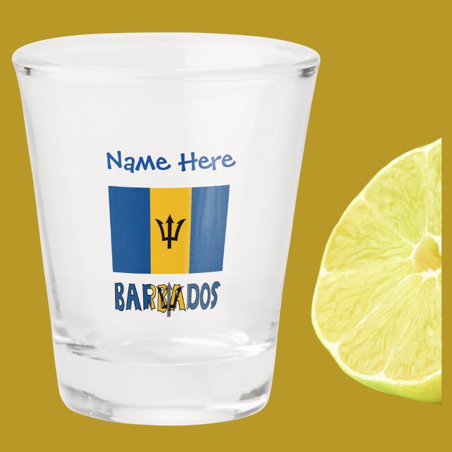 Barbados und Barbadian Flag Blue Personalization Schnapsglas (Shot glass with Barbadian or Bajan Flag and the word BARBADOS below in flag colors. Add name above.)