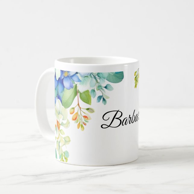 Barbara Text mit Frühlingsblumen verziert Kaffeetasse (Vorderseite Links)