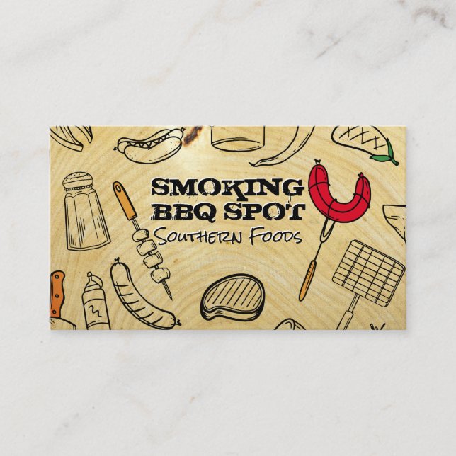 Barbecue Cooking Pattern | Wood Grain Background Visitenkarte (Vorderseite)