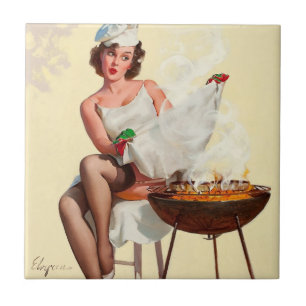 Barbecue Pin-Up Mädchen Fliese
