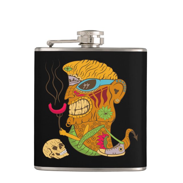 Barbecue Tiki Monster mit Wurst und menschlichem S Flachmann (Vorderseite)