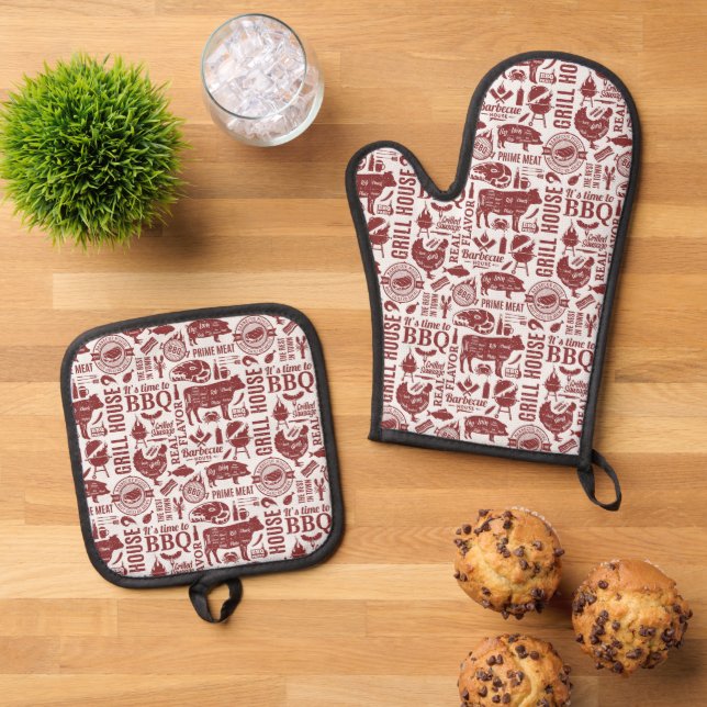 Barbecue Time Prime Meat Pattern Graphic  Ofenhandschuh & Topflappen-Set (Oben Unten)