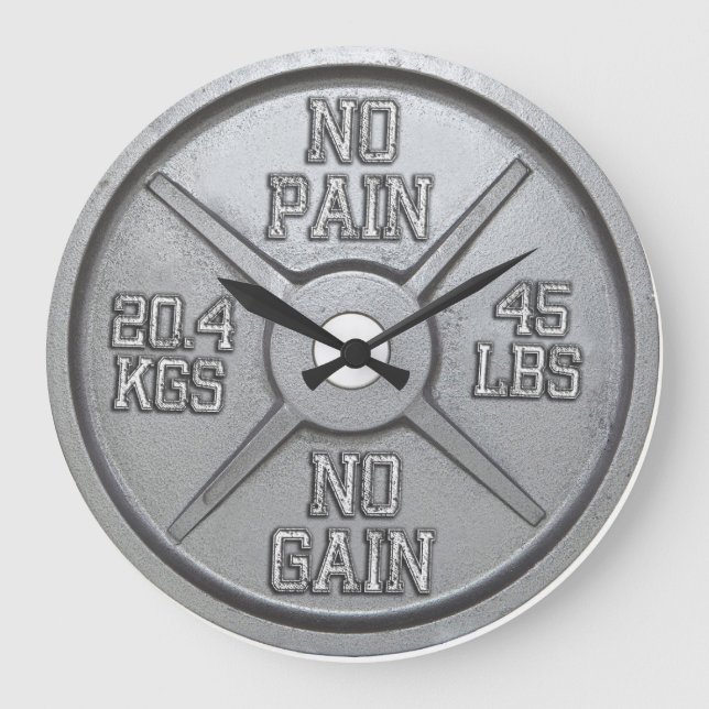 Barbell Plate Wall Clock - No Brot No Gain Große Wanduhr (Vorderseite)