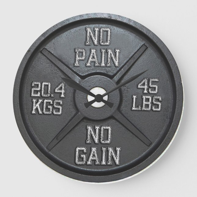 Barbell Plate Wall Clock - No Brot No Gain Große Wanduhr (Vorderseite)