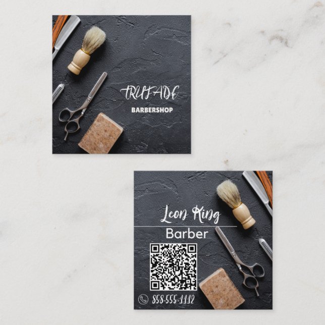 Barber Barbershop Beruflich QR Gray Quadratische Visitenkarte (Vorne/Hinten)