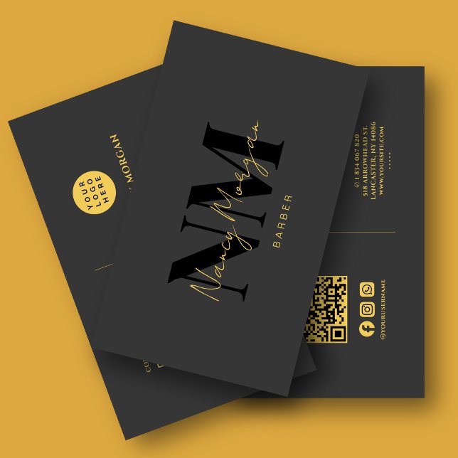 Barber Black Gold Monogramm QR-Code-Logo Visitenkarte (Von Creator hochgeladen)