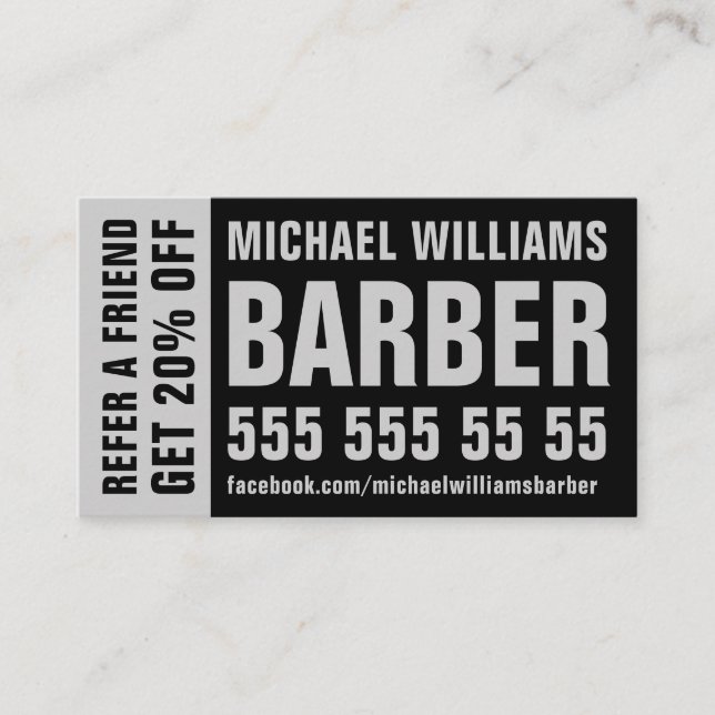 Barber Black Gray Bold Typografy Referrkarte Empfehlungskarte (Vorderseite)