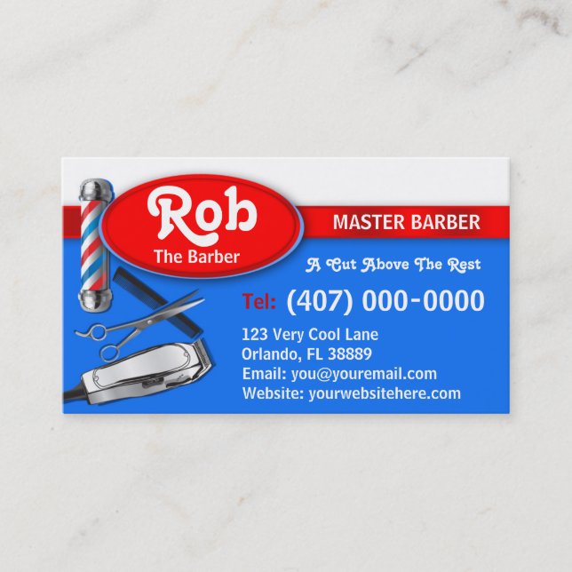 Barber Business Card (Barber Pol und Clippers) Visitenkarte (Vorderseite)