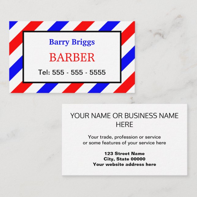 Barber Business Card: Red White and Blue Streifen Visitenkarte (Vorne/Hinten)