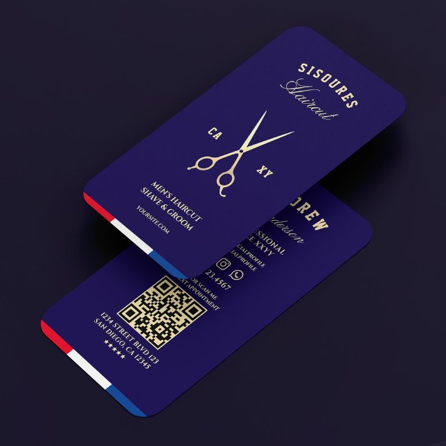 Barber Dark Blue Red White Imitats Gold Schere Visitenkarte (Barber Dark Blue Red White Elegant Gold Scissors Business Card
)