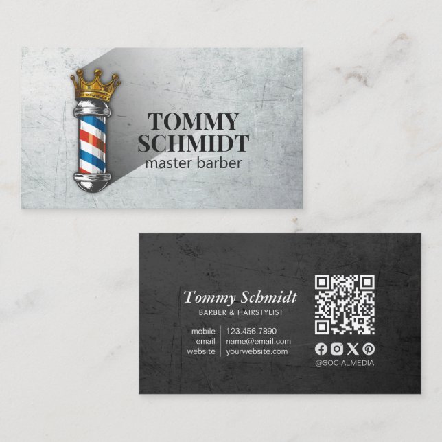 Barber Hair Shop Royal Crown Barber Pole QR Code Visitenkarte (Vorne/Hinten)