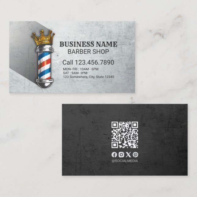 Barber Hair Shop Royal Crown Barber Pole QR Code Visitenkarte (Vorne/Hinten)