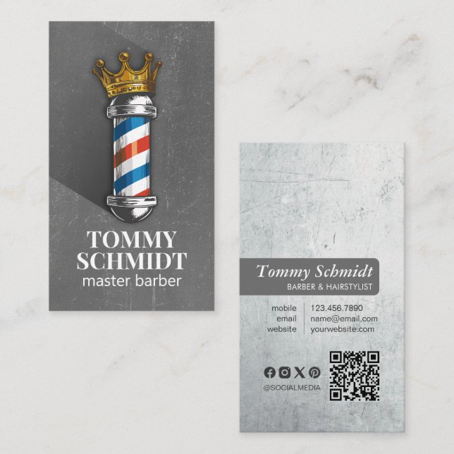 Barber Hair Shop Royal Crown Barber Pole QR Code Visitenkarte (Vorne/Hinten)