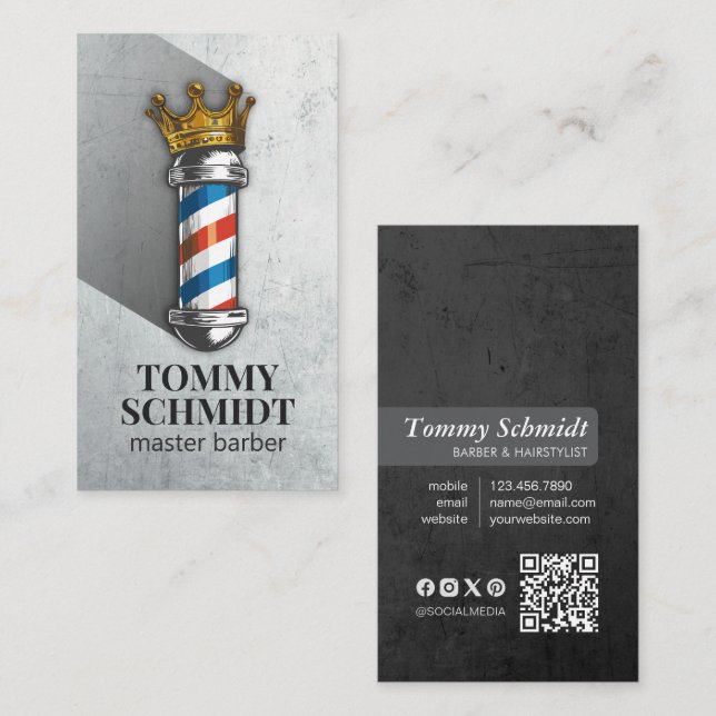 Barber Hair Shop Royal Crown Barber Pole QR Code Visitenkarte (Vorne/Hinten)