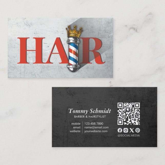 Barber Hair Shop Royal Crown Barber Pole QR Code Visitenkarte (Vorne/Hinten)