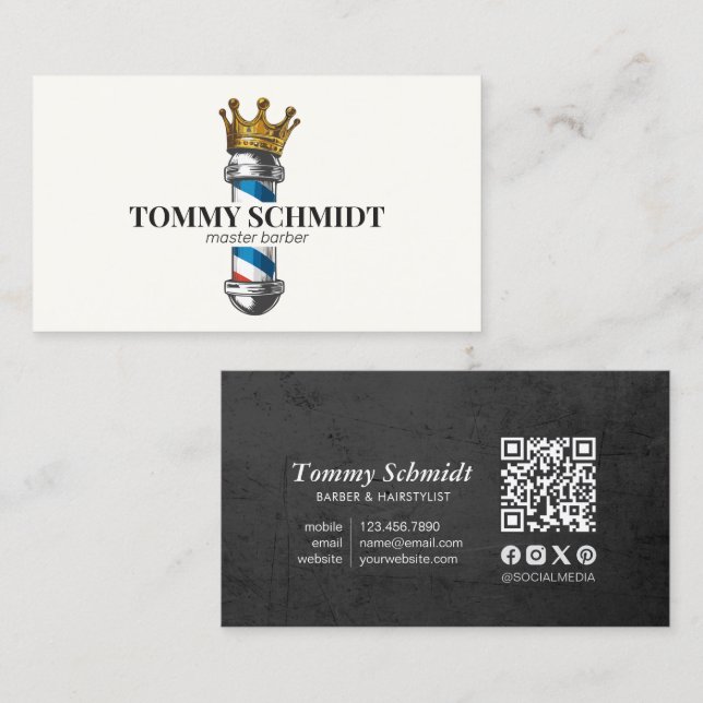 Barber Hair Shop Royal Crown Barber Pole QR Code Visitenkarte (Vorne/Hinten)
