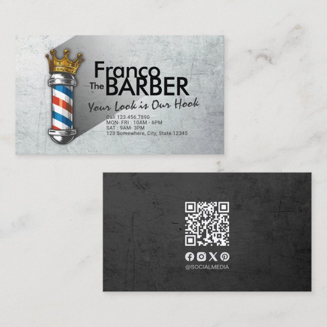Barber Hair Shop Royal Crown Barber Pole QR Code Visitenkarte (Vorne/Hinten)