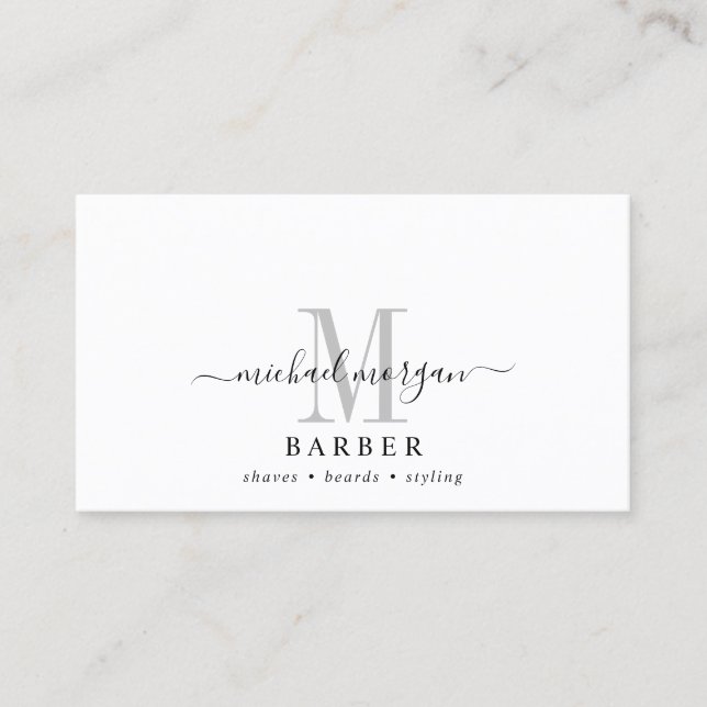 Barber Hair Stylist Modernes Script Monogram Visitenkarte (Vorderseite)