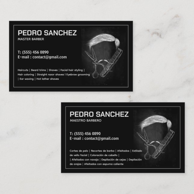 Barber Hairstylist Bilingual Spanish Business Card Visitenkarte (Vorne/Hinten)
