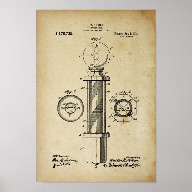 Barber Pole Illustrationen Patent Print Poster (Vorne)