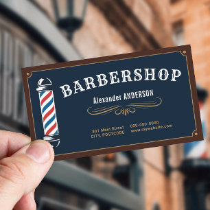 Barber Pole - Marineblau & Gold Herrenfriseur Visitenkarte