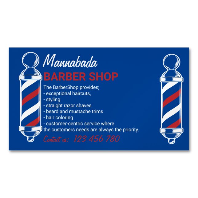 Barber Pole Salon Blue Marine Magnetische Visitenkarte (Vorderseite)