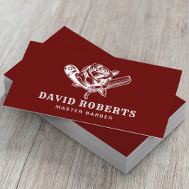 Barber Razor & Rose Logo Barbershop Dunkelrot Visitenkarte
