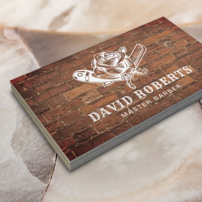Barber Razor & Rose Logo Barbershop Red Brick Hair Visitenkarte (Von Creator hochgeladen)