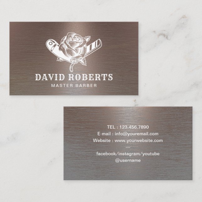Barber Razor & Rose Logo Cool Copper Barbershop  Visitenkarte (Vorne/Hinten)