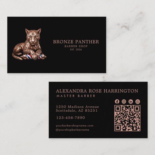 Barber Rose Gold Panther-Barbiergeschäft-QR-Code Visitenkarte (Vorne/Hinten)