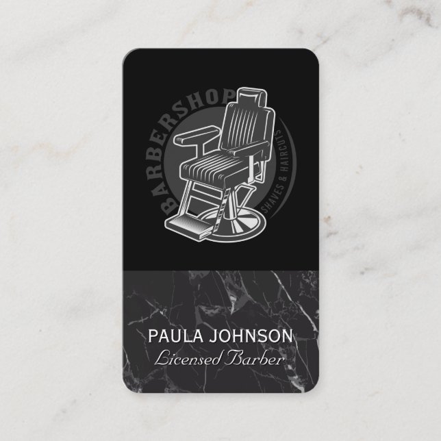 Barber Shop Chair | Black Marble Business Card Visitenkarte (Vorderseite)