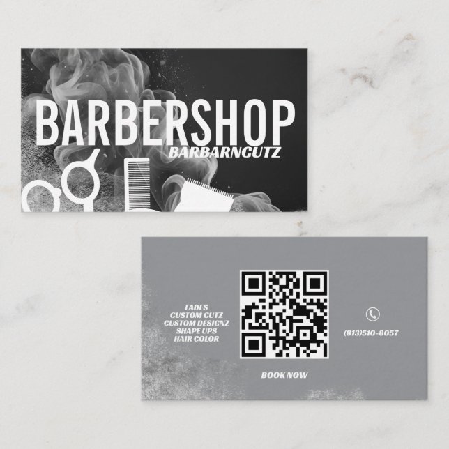 Barber Shop Logo Grau rauchen Beruflich Visitenkarte (Vorne/Hinten)