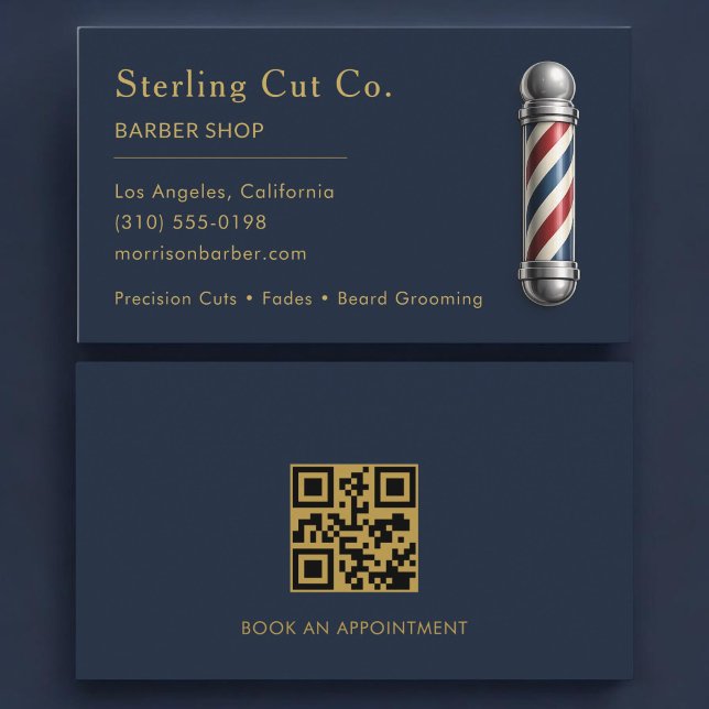 Barber Shop QR-Code Navy Blau Visitenkarte (Von Creator hochgeladen)