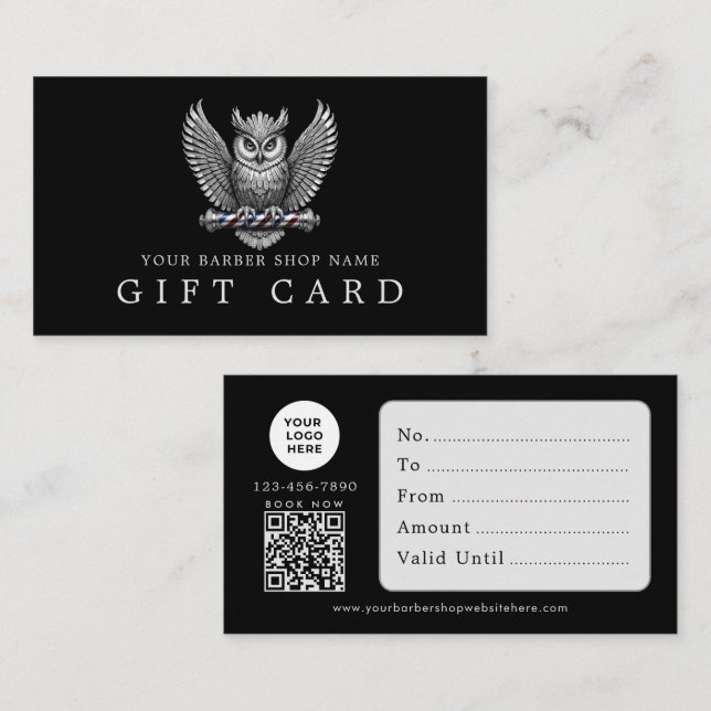 Barber Shop Silber Eule Logo Qr Code Geschenkkarte Visitenkarte (Vorne/Hinten)