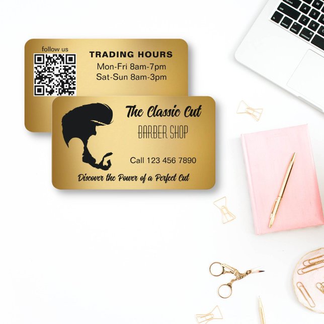 Barbergeschäft qr Code Gold und Schwarz Visitenkarte (Barber shop business cards qr code gold and black men haircut silhouette barber business cards)