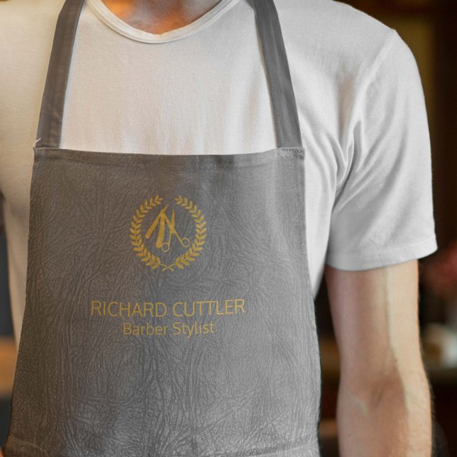 Barbername Gold Logo Friseurgeschäft Grauleder Schürze (The leather texture look is PRINTED, IT IS NOT REAL LEATHER)