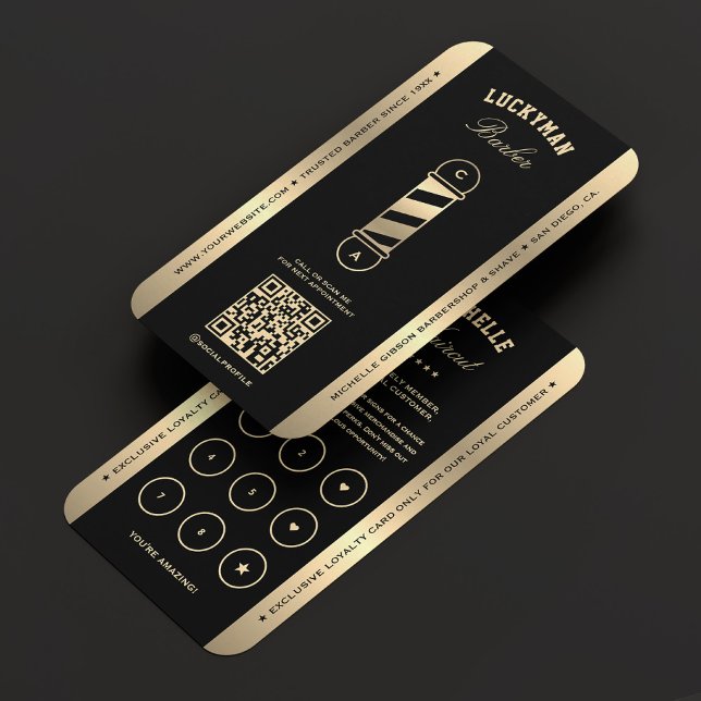 Barbershop Black Imitats Gold Pole Barber Loyalitä Visitenkarte (Barbershop Black Gold Pole Barber Loyalty Card
)