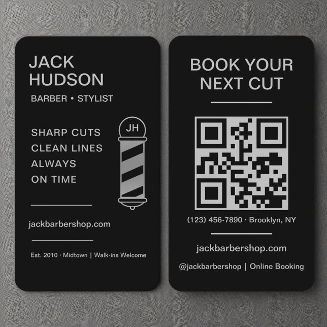 Barbershop Black Silver Barber Haarbcut QR Code Visitenkarte (Von Creator hochgeladen)