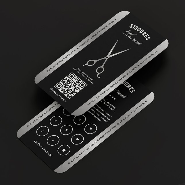 Barbershop Black Silver Scheren Elegantes Loyalitä Visitenkarte (Barbershop Black Silver Scissors Elegant Loyalty Business Card
)